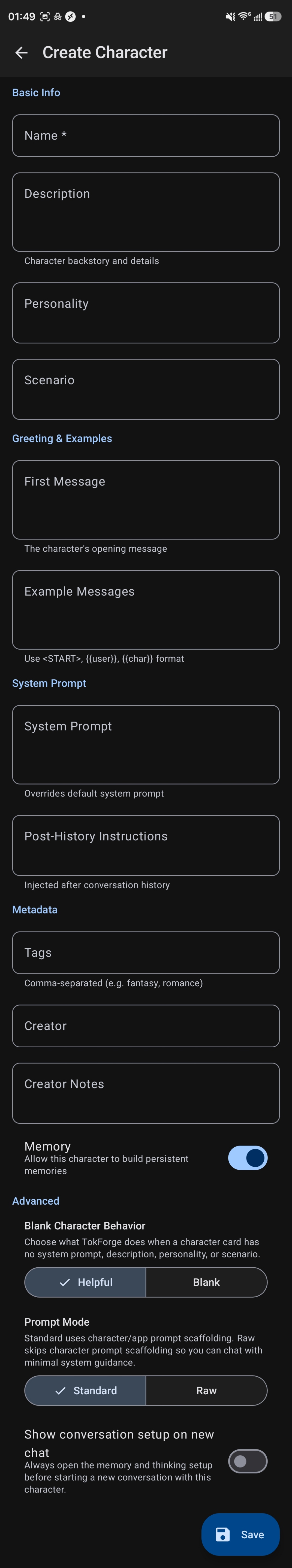 Create custom characters with full TavernAI V2 field support