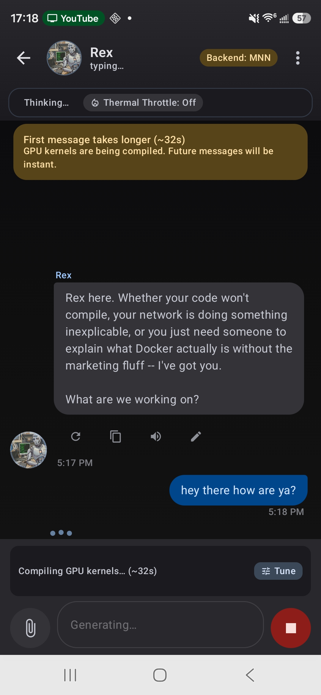 First message compiles GPU kernels — follow-ups are instant