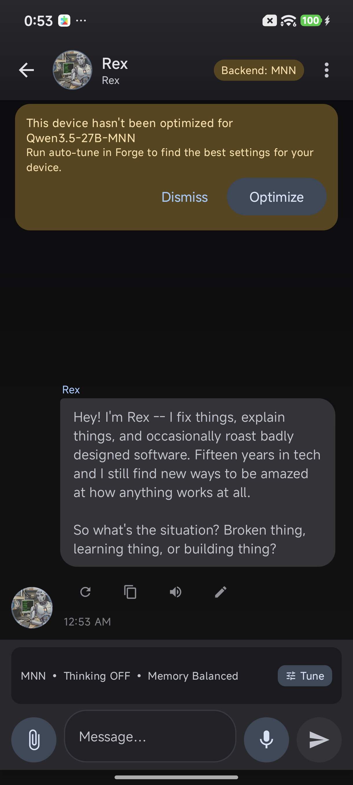 Your first conversation — running entirely on-device