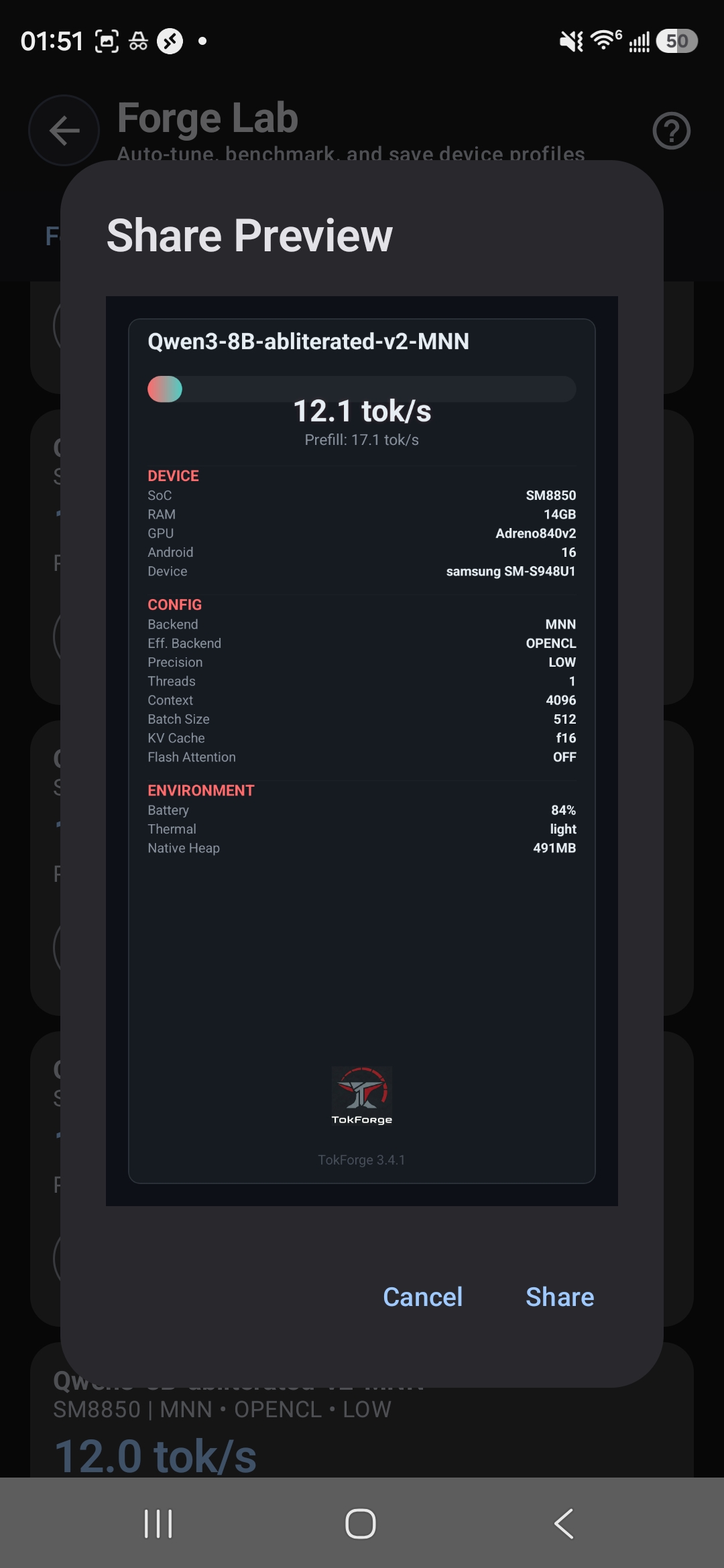 Benchmark card from Galaxy S24 — 12.1 tok/s on Qwen3 8B with OpenCL