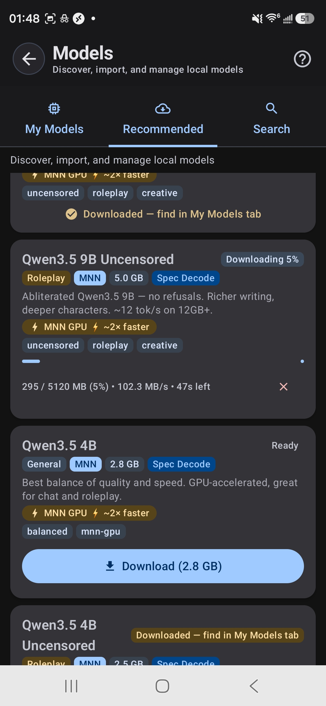 Downloading a model — progress, speed, and time remaining