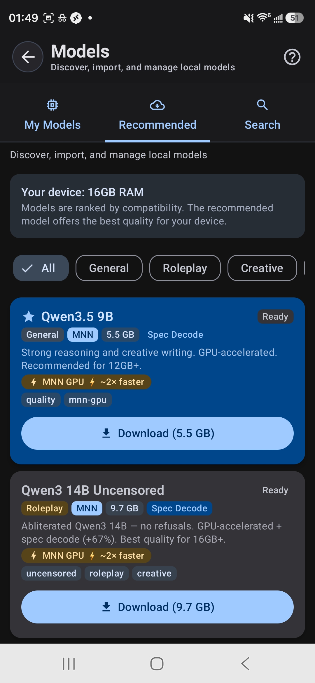 TokForge Model Browser showing recommended models with RAM indicator