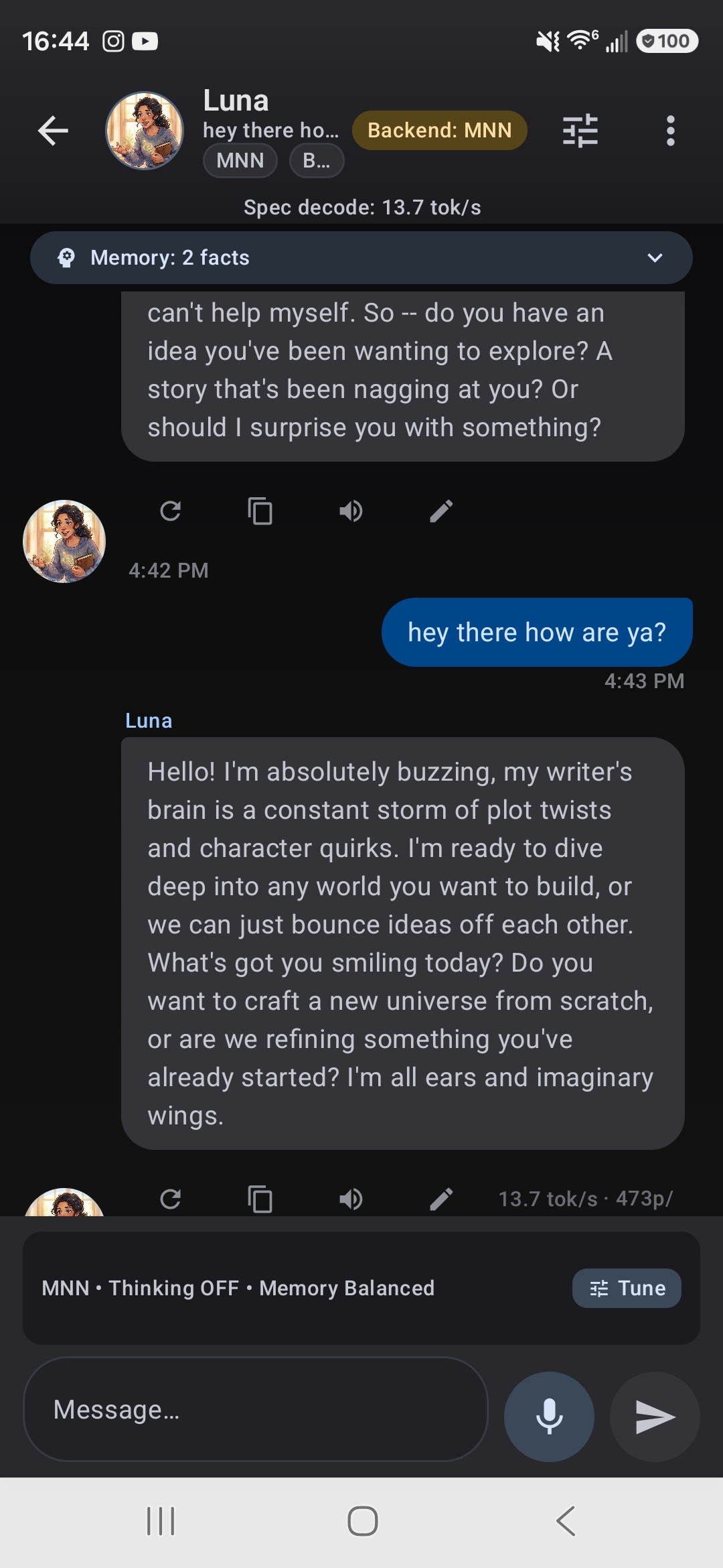 Chat with memory facts banner and voice input