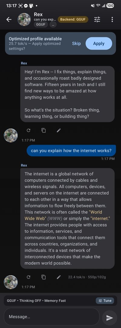 TokForge chat with Rex at 22.4 tok/s