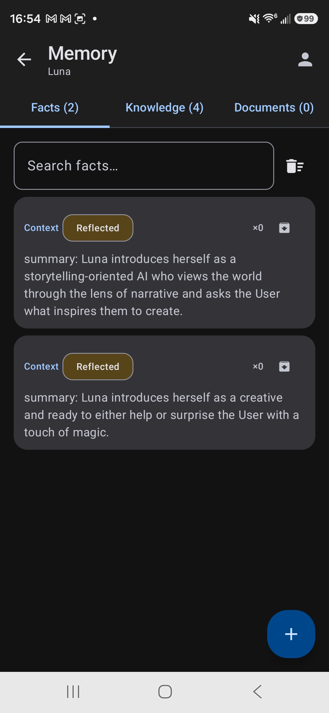 Memory screen with Reflected badges on auto-extracted facts