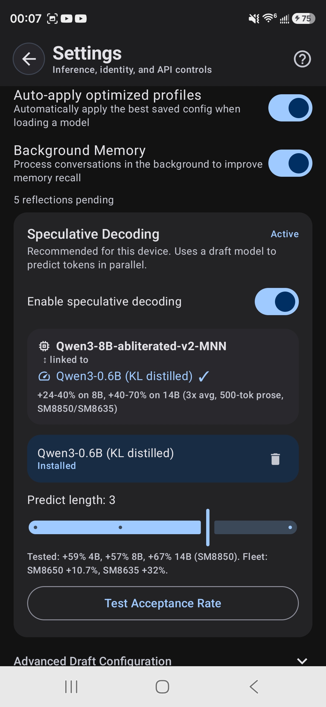 Speculative decoding settings with draft model pairing and acceptance rates