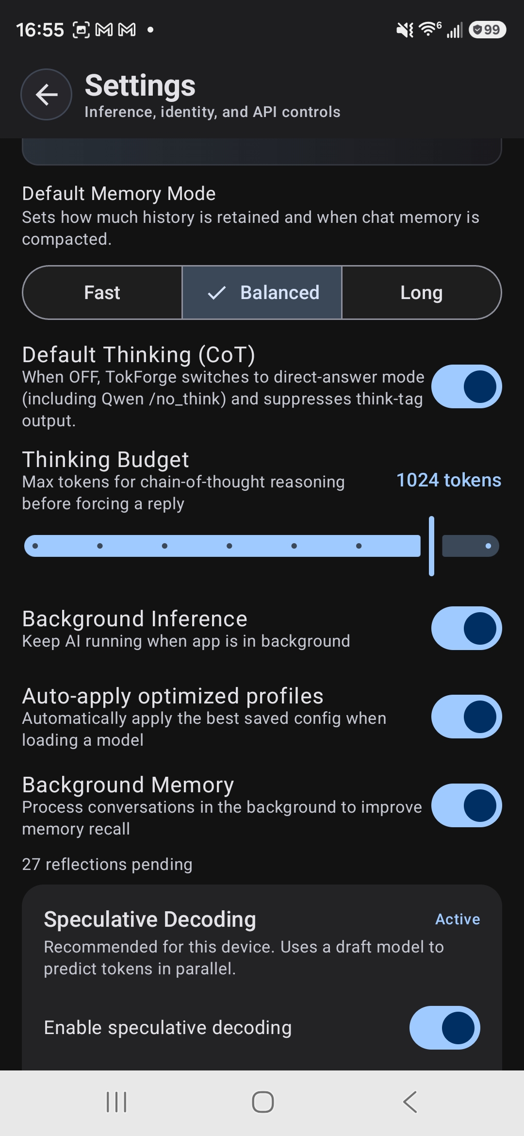 Settings with thinking budget, background memory, and speculative decoding