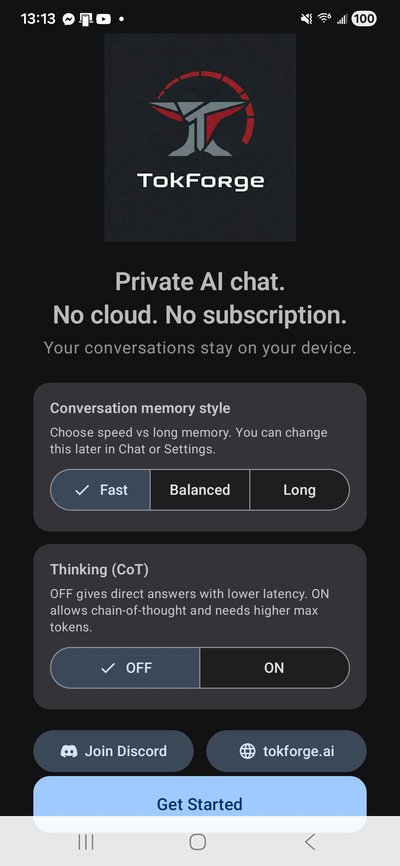 TokForge welcome screen