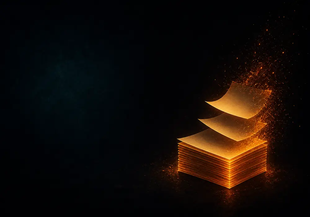 Illustration of a stack of blank pages glowing with ember light, with sheets lifting off and dissolving into sparks.