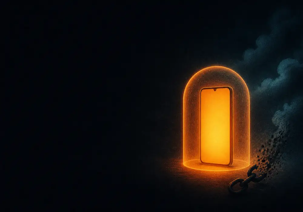 Illustration of a phone glowing with ember light inside a protective dome, with clouds and a broken chain drifting away from it.