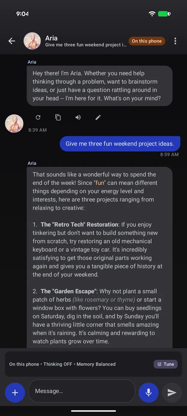 A TokForge conversation on an Android phone. The character Aria answers a question about weekend projects, with an On this phone badge at the top of the screen.