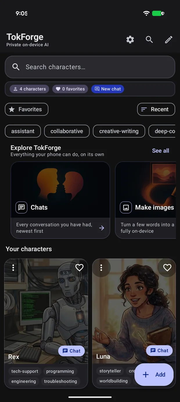 The TokForge home screen on Android showing the character library with Rex and Luna, a search box, and shortcuts for chats and making images.