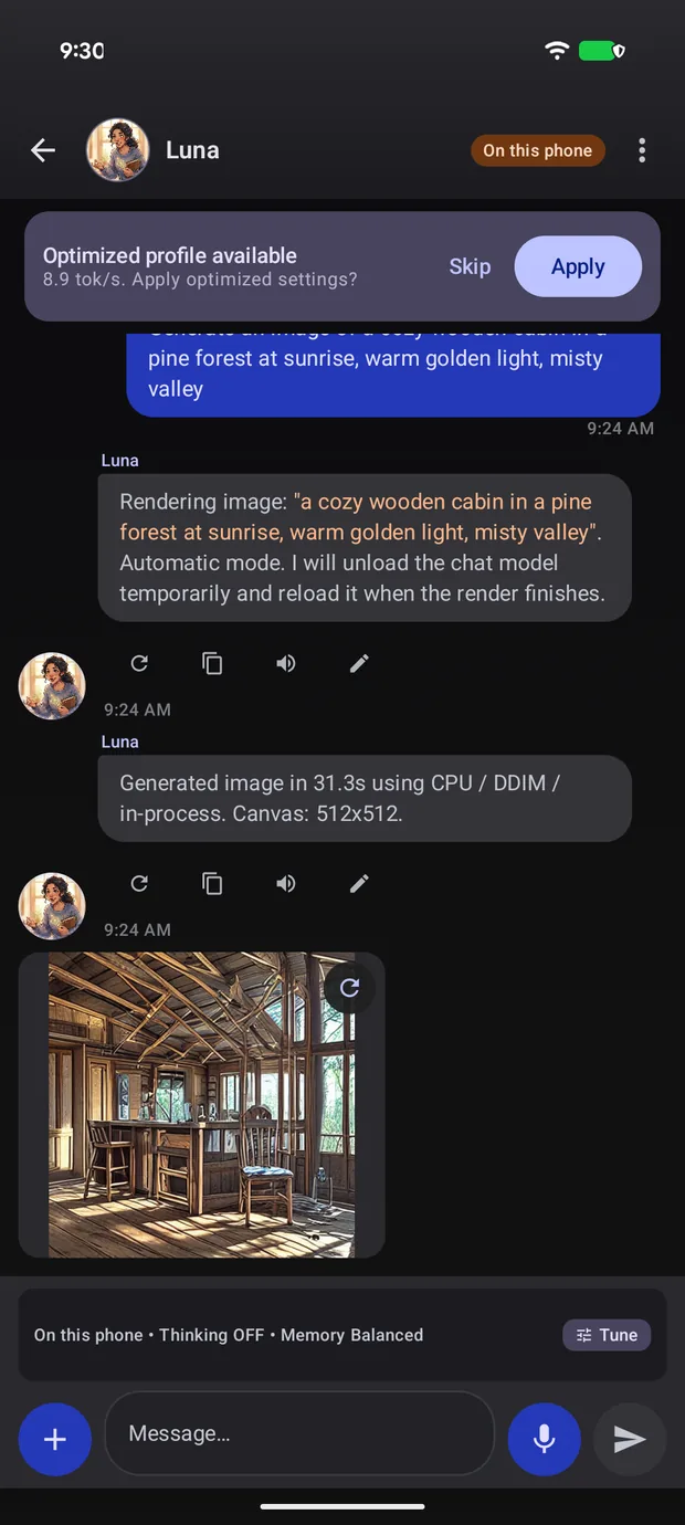 TokForge generating a picture of a wooden cabin in a pine forest on a phone, showing the finished image inside the conversation.