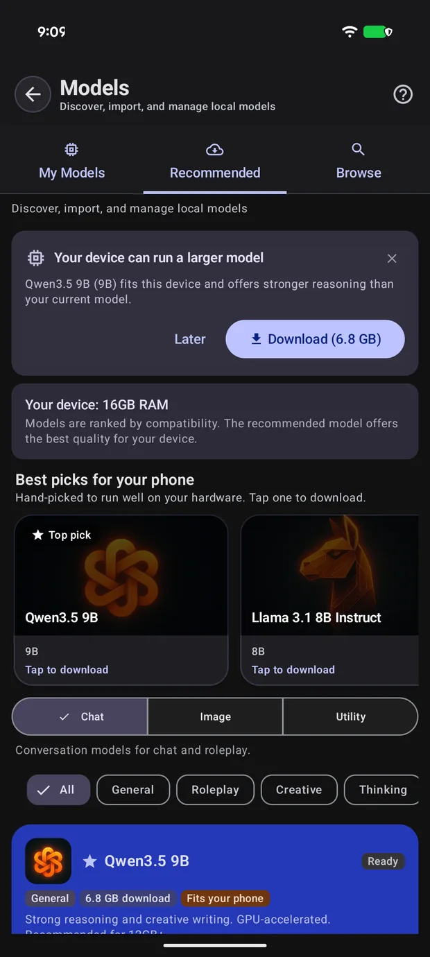 The TokForge model picker on Android reading the phone's memory and listing the best model picks for that device.